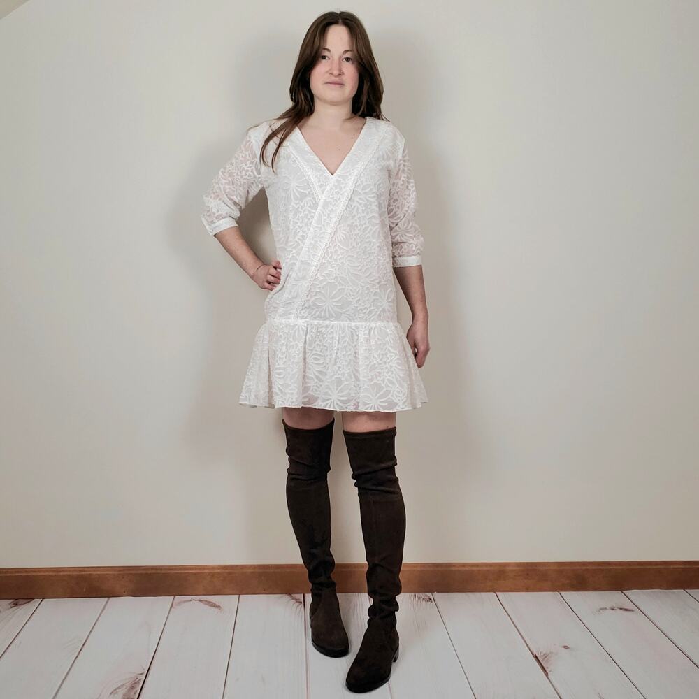 Tularosa Floral Jacquard Drop Waist Dress White Small